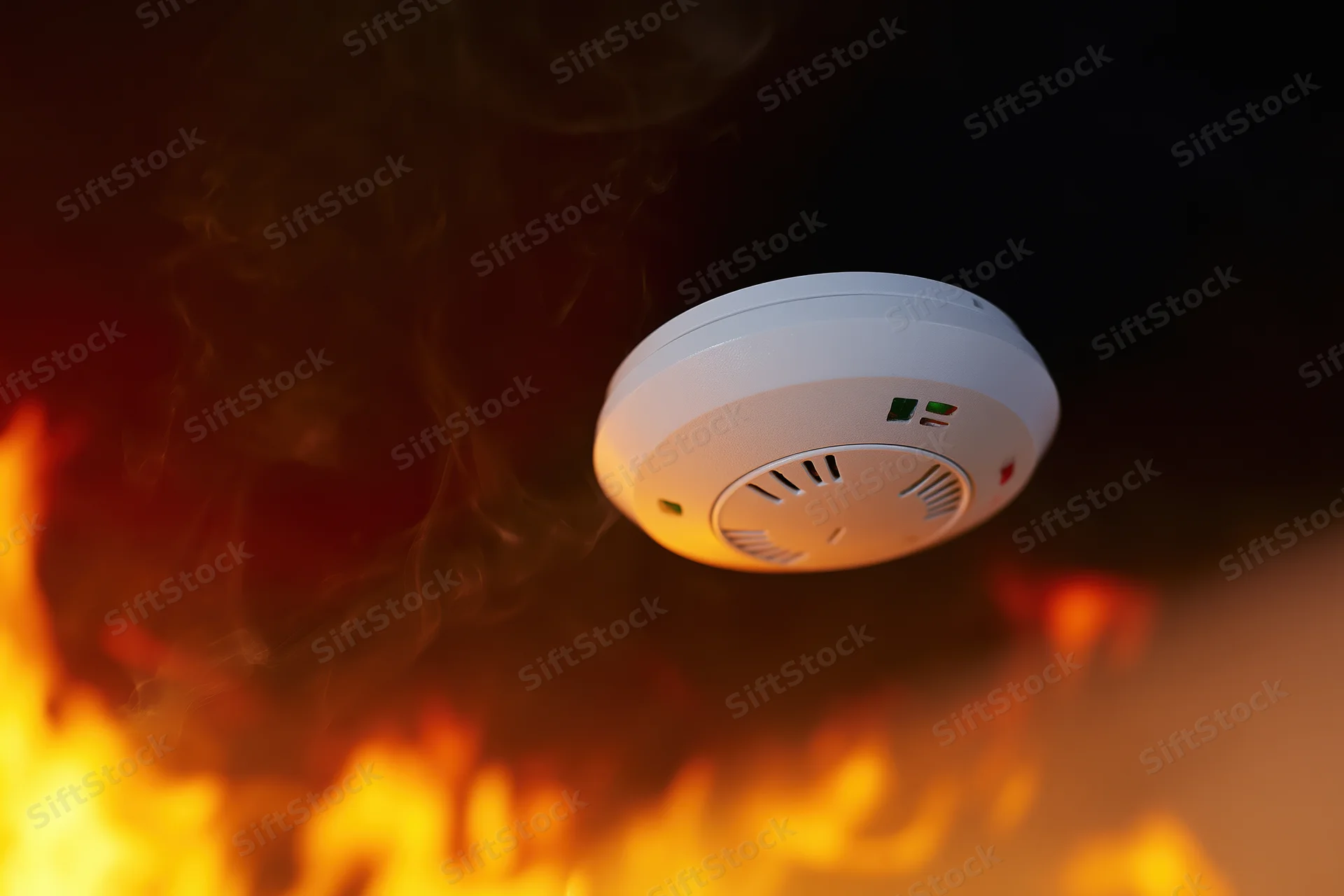 Smoke detector mounted on ceiling with flames and smoke below