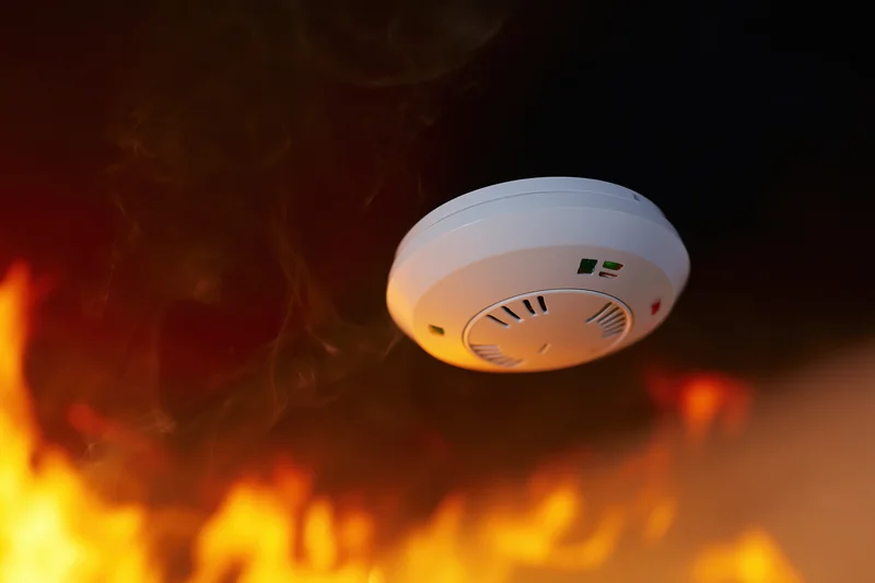 Smoke detector mounted on ceiling with flames and smoke below