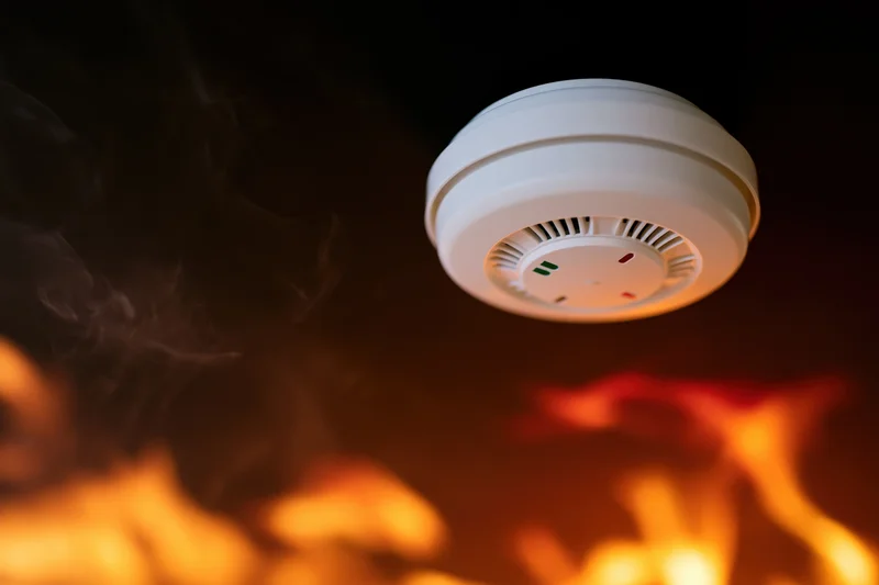 White circular smoke detector mounted on dark ceiling with flames and smoke below