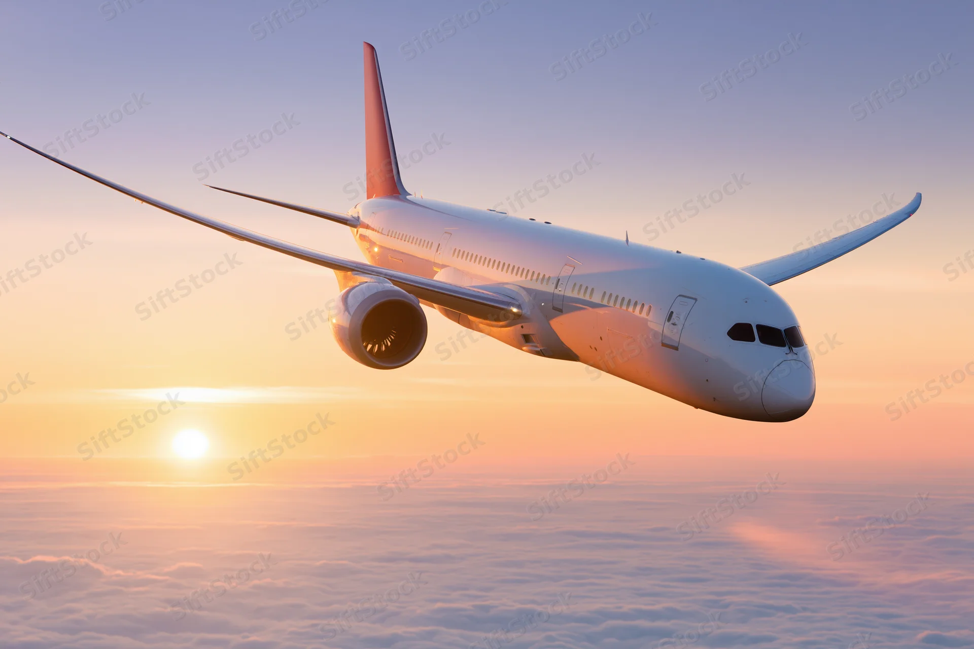White commercial jet in level flight above clouds at sunset