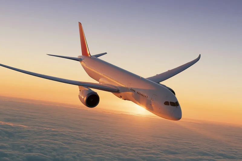 White commercial jet cruising above clouds at sunset
