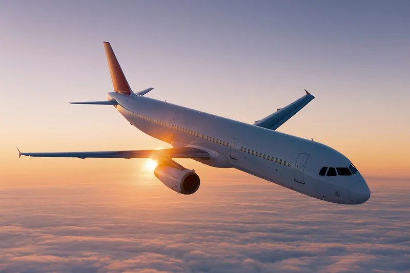 White commercial passenger jet in level cruise flight above a cloud layer at sunset