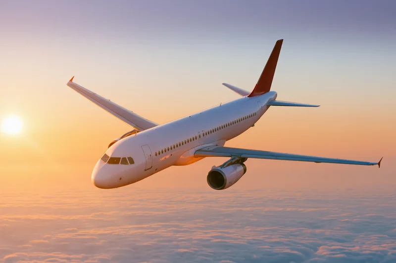 White commercial jet cruising above clouds at sunset