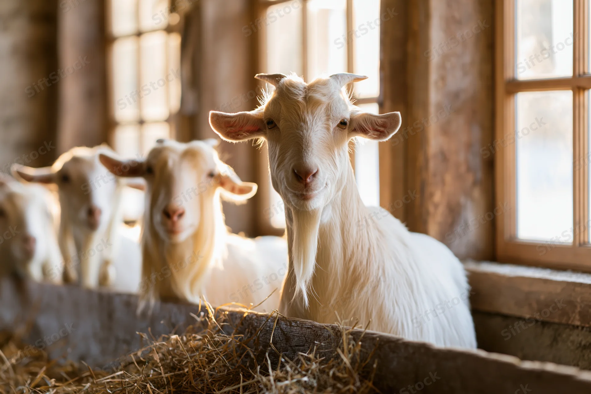 White dairy goats standing at wooden hay manger inside barn