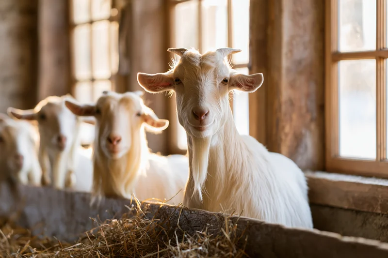 White dairy goats standing at wooden hay manger inside barn