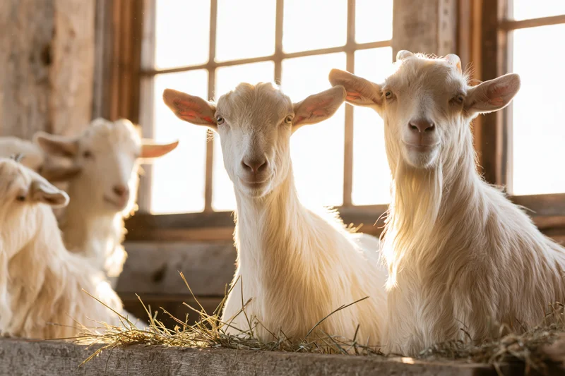 White dairy goats resting at wooden hay manger inside barn with sunlight through window