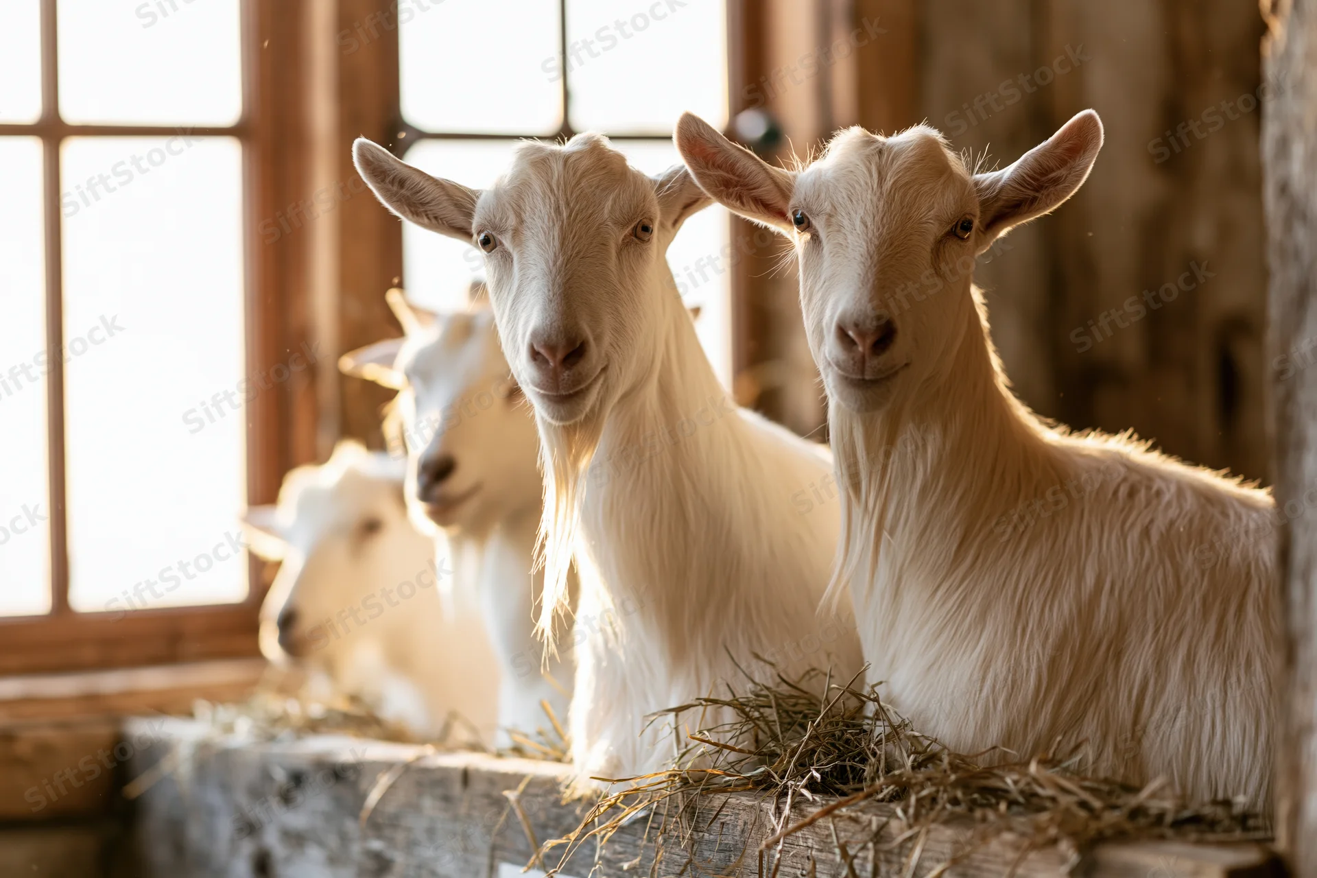 White dairy goats standing at wooden hay manger inside barn with sunlight through window