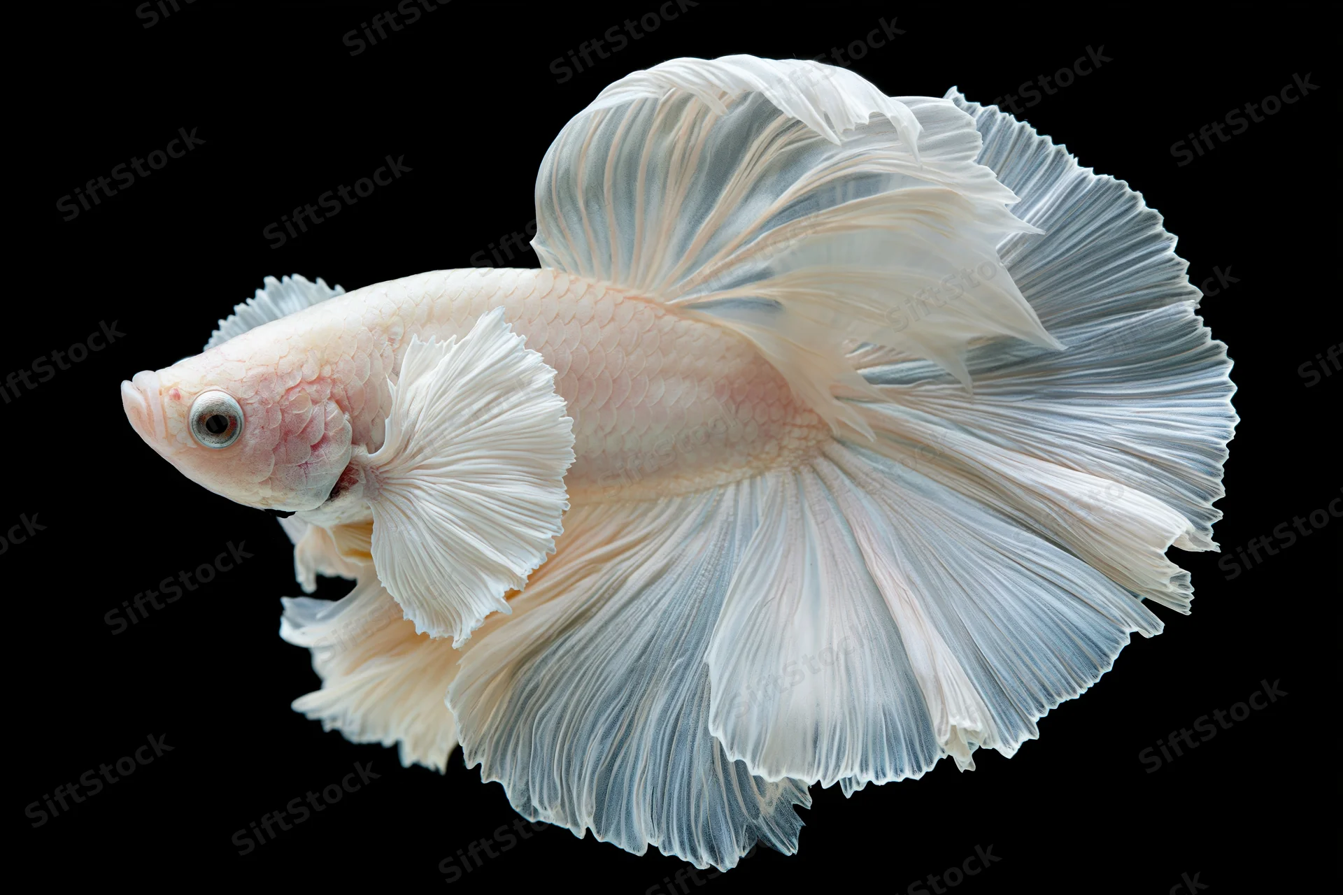 White halfmoon betta fish with flowing layered fins curled in against black background