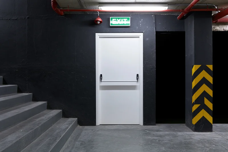 White fire exit door with push bar handle in industrial basement hallway