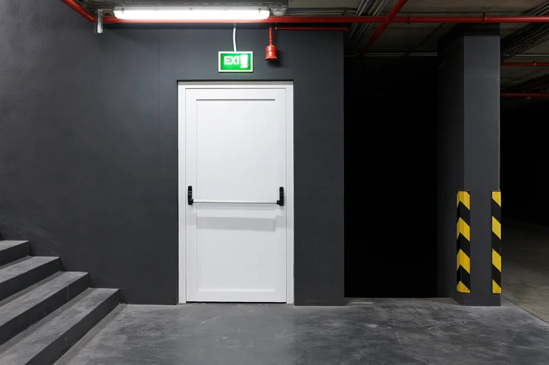 White metal fire exit door with push bar handle centered in industrial basement corridor