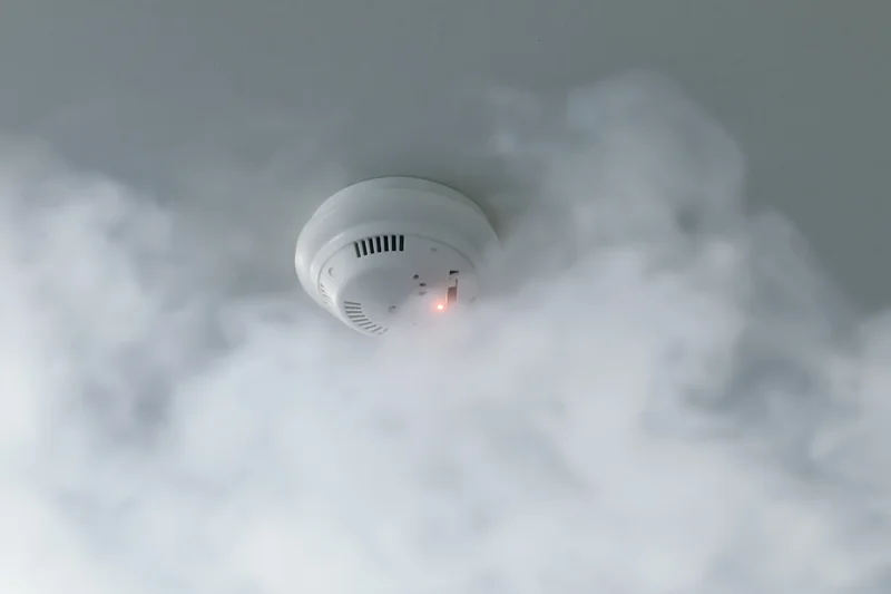 White smoke detector mounted on gray ceiling surrounded by smoke with red light illuminated