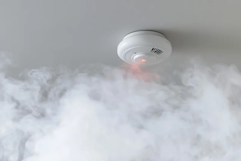 Smoke detector mounted on ceiling with smoke and red light activated