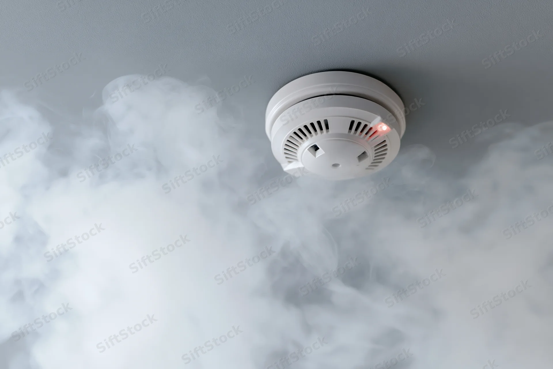 Smoke detector mounted on ceiling with smoke surrounding it and red light illuminated