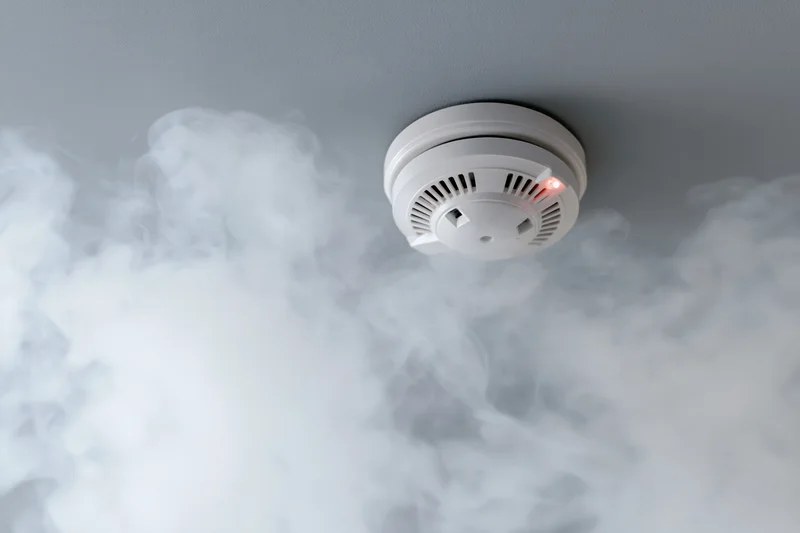 Smoke detector mounted on ceiling with smoke surrounding it and red light illuminated