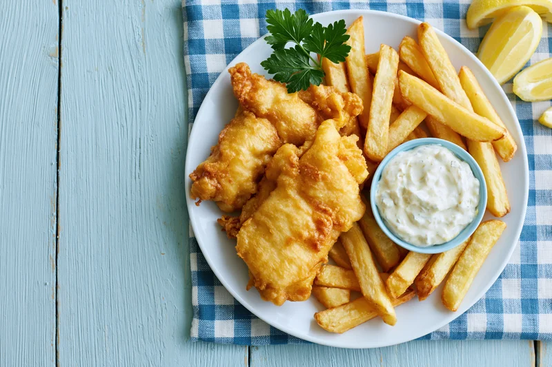 Battered fish and chips on a white plate with tartar sauce and lemon wedges on a blue checkered napkin over a wooden table