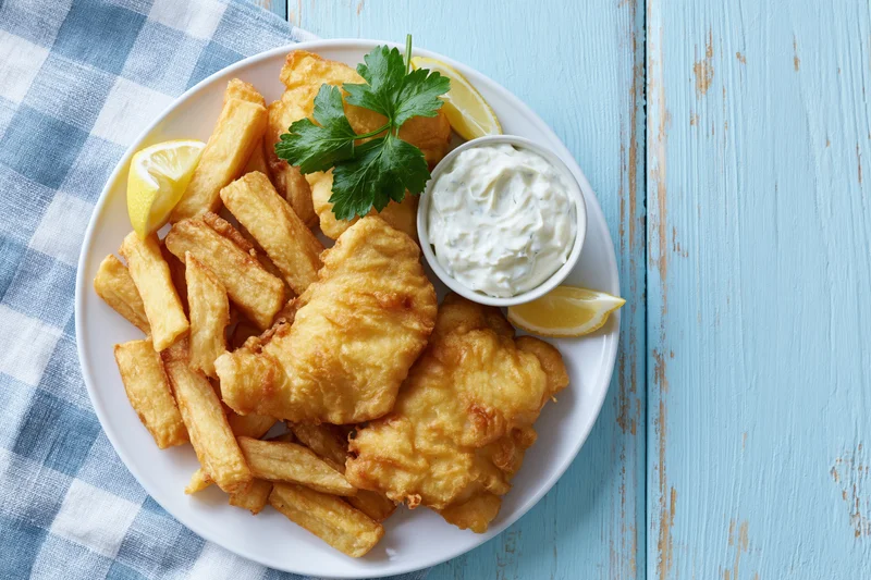 Battered fish and chips on a white plate with tartar sauce and lemon wedges on a blue wooden table with checkered cloth