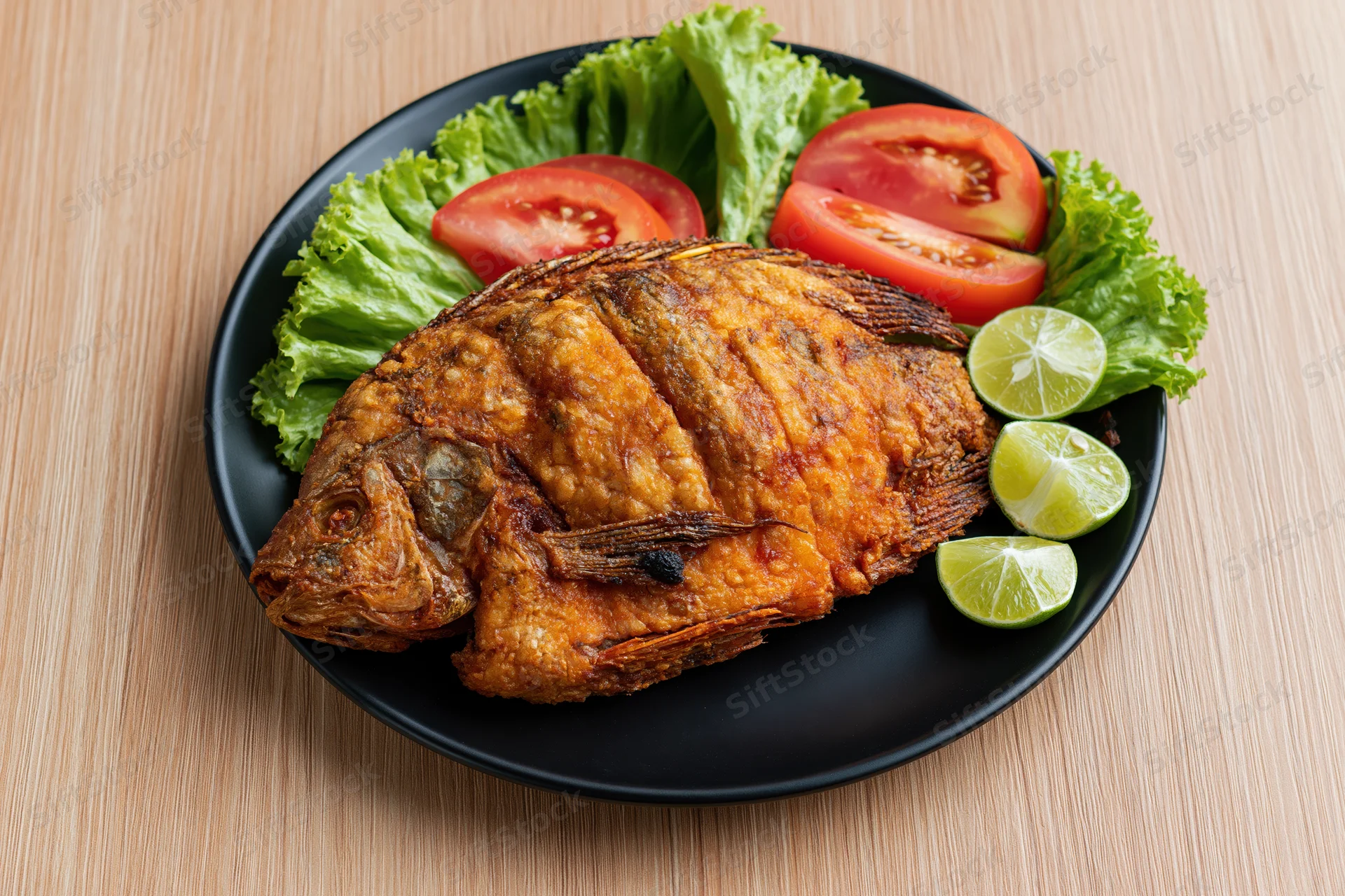 Whole fried tilapia with crispy golden-brown skin on a black plate with lettuce, tomato, and lime slices on a wooden table