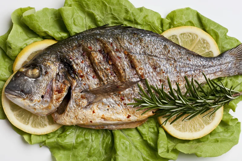 Whole grilled sea bream on fresh green lettuce with lemon slices and rosemary sprig