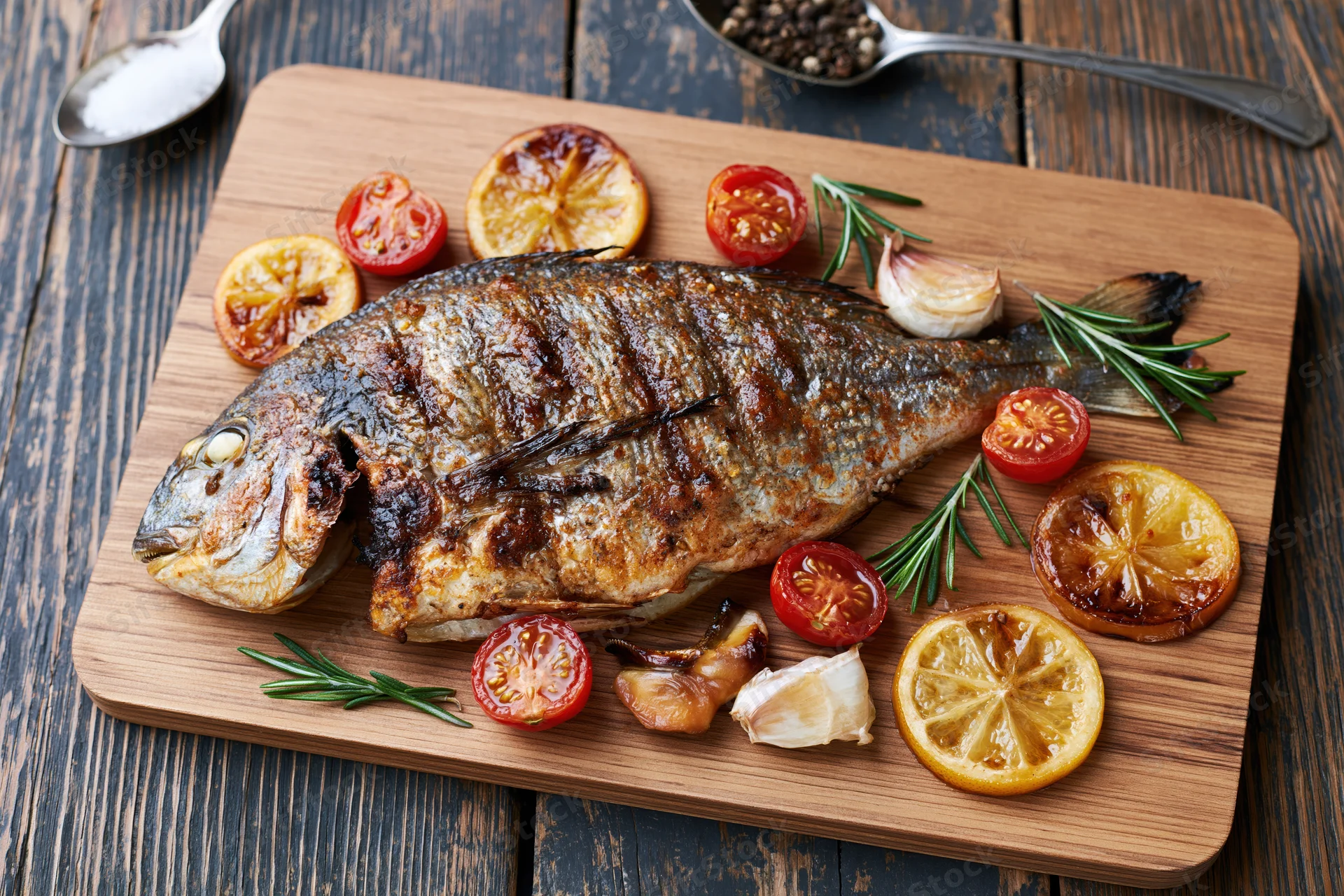 Whole grilled sea bream on a wooden cutting board with lemon slices, cherry tomatoes, rosemary, and garlic