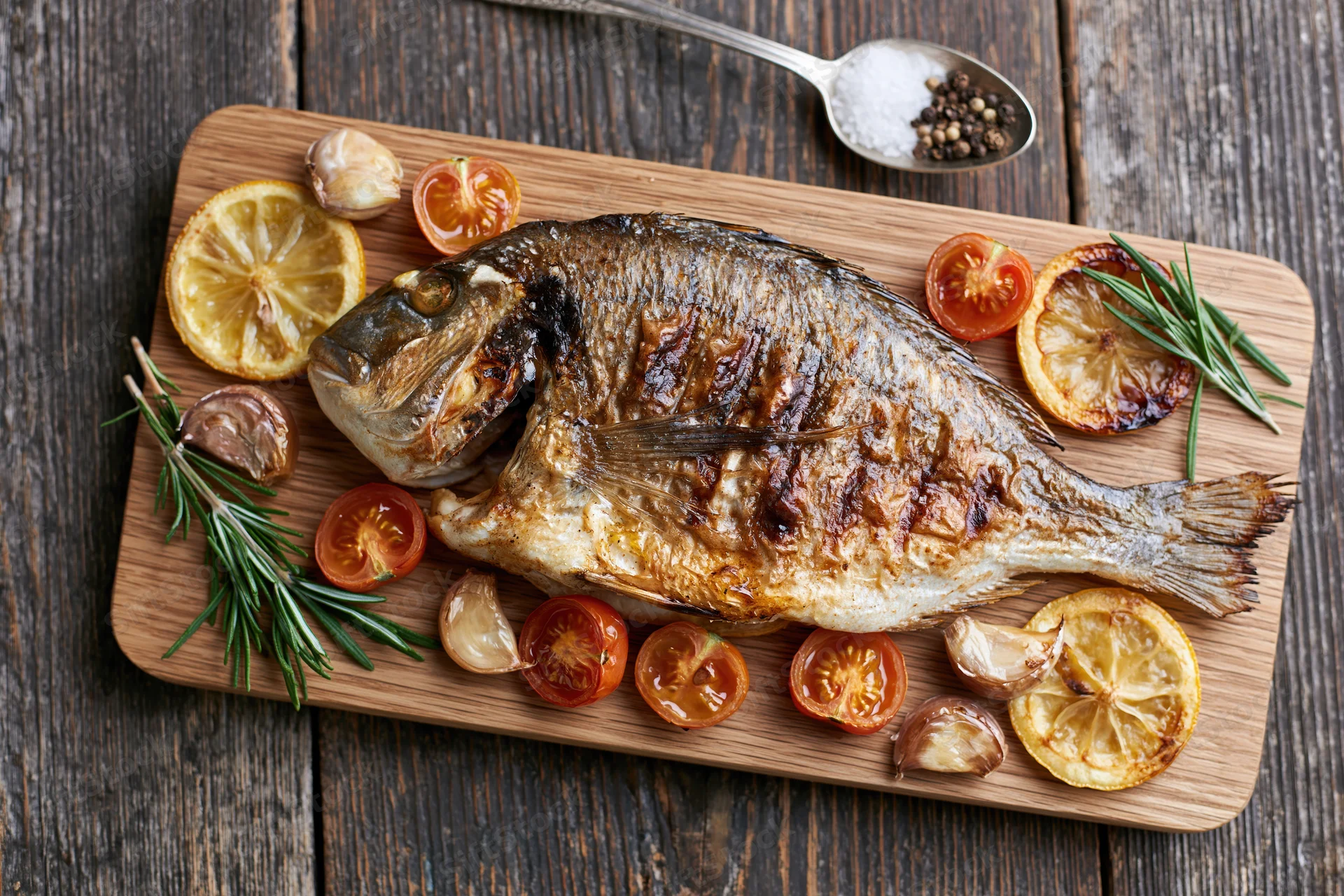 Whole grilled sea bream on a wooden cutting board with lemon, tomato, rosemary and garlic