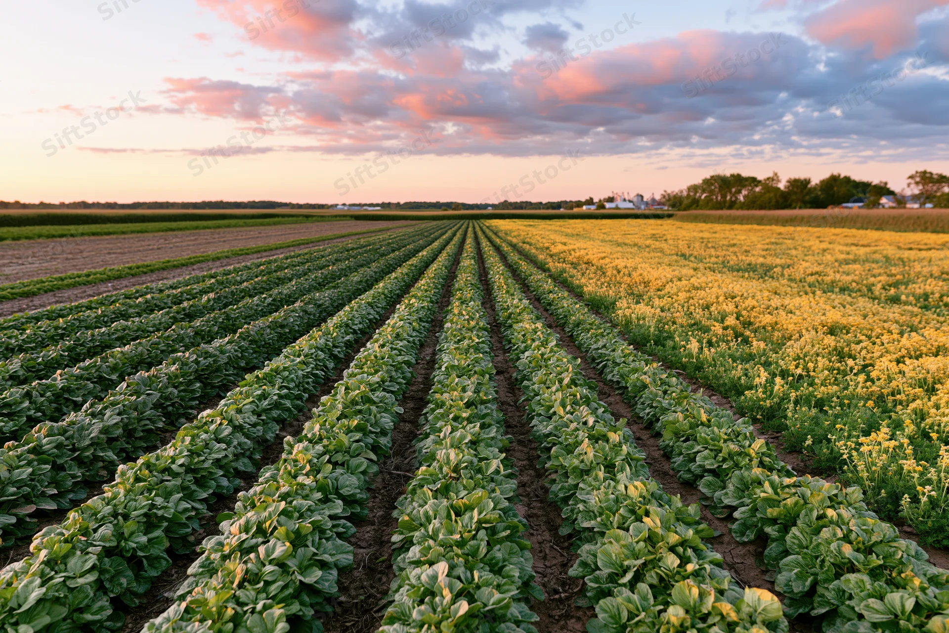 Rows of green and yellow crops stretching across a farm field at sunset