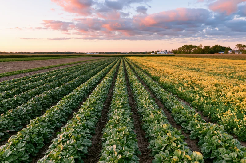 Rows of green and yellow crops stretching across a farm field at sunset