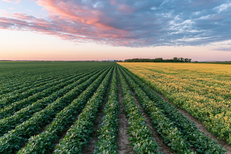 Aerial view of soybean and canola crop rows in a cultivated field at sunset