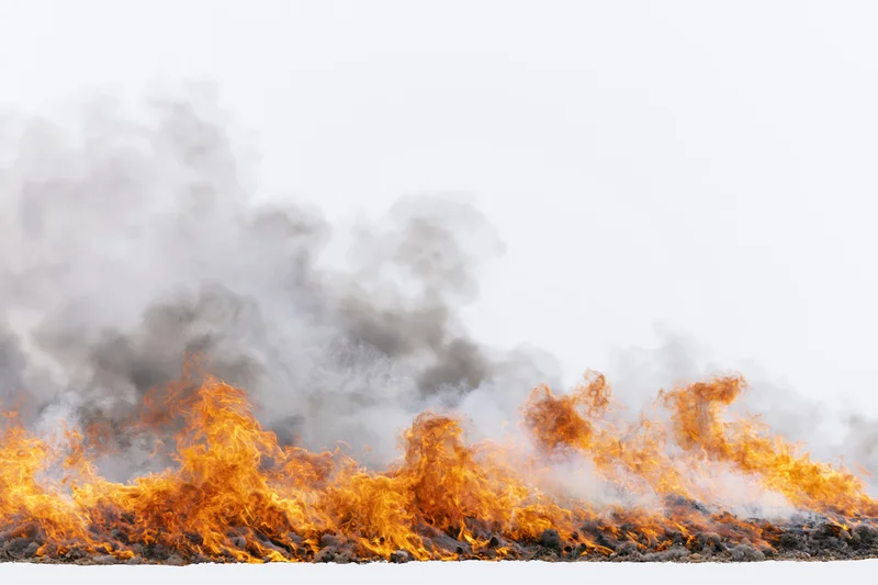 Horizontal fire burning across frame with dense orange flames and rising smoke against white background