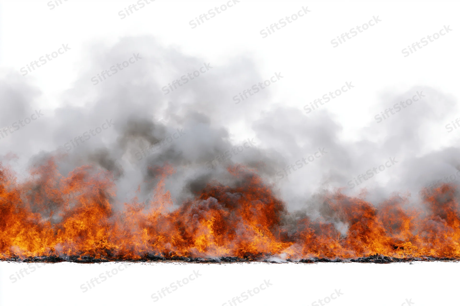 Wide horizontal fire burning intensely with dense orange flames and rising smoke against white background