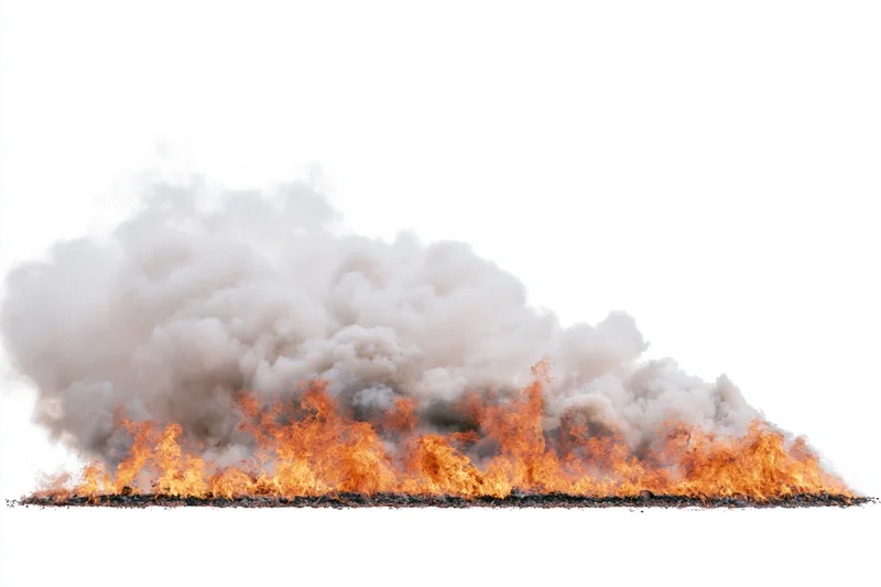 Low fire burning horizontally across frame with dense orange flames and thick smoke against white background