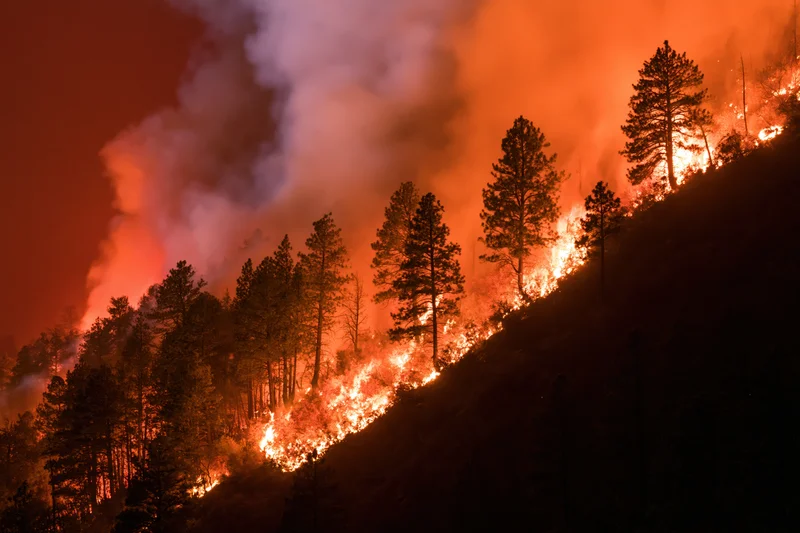 Wildfire burning across a hillside treeline at night