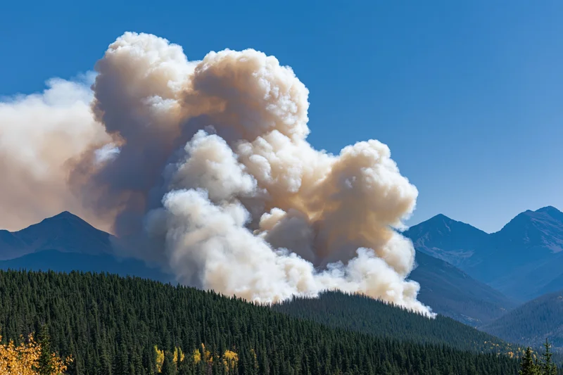 Massive smoke plume rising from wildfire burning along forested mountain ridge under clear blue sky