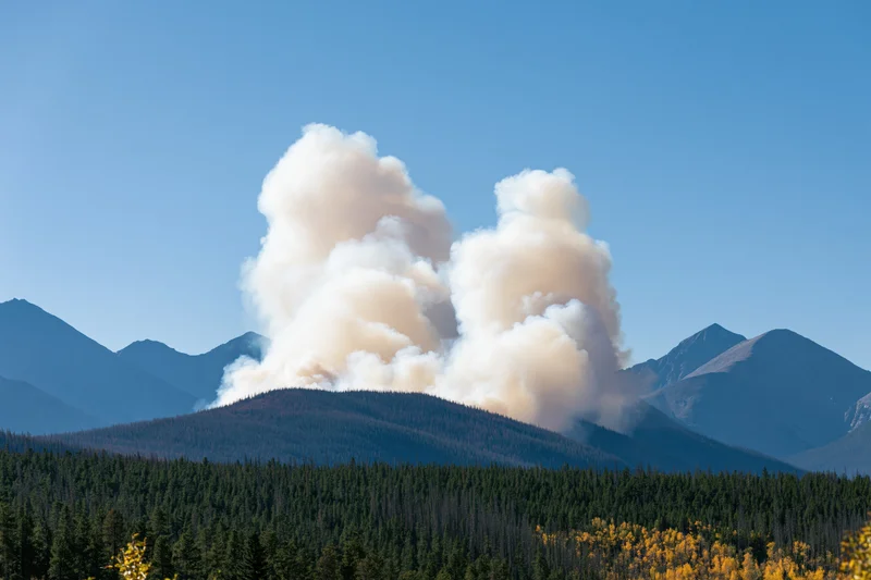 Thick smoke rising from a wildfire burning along a forested mountain ridge under a clear blue sky