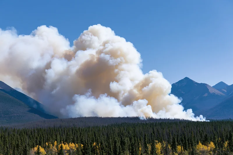 Thick smoke rising from a wildfire burning along a forested mountain ridge under a clear blue sky