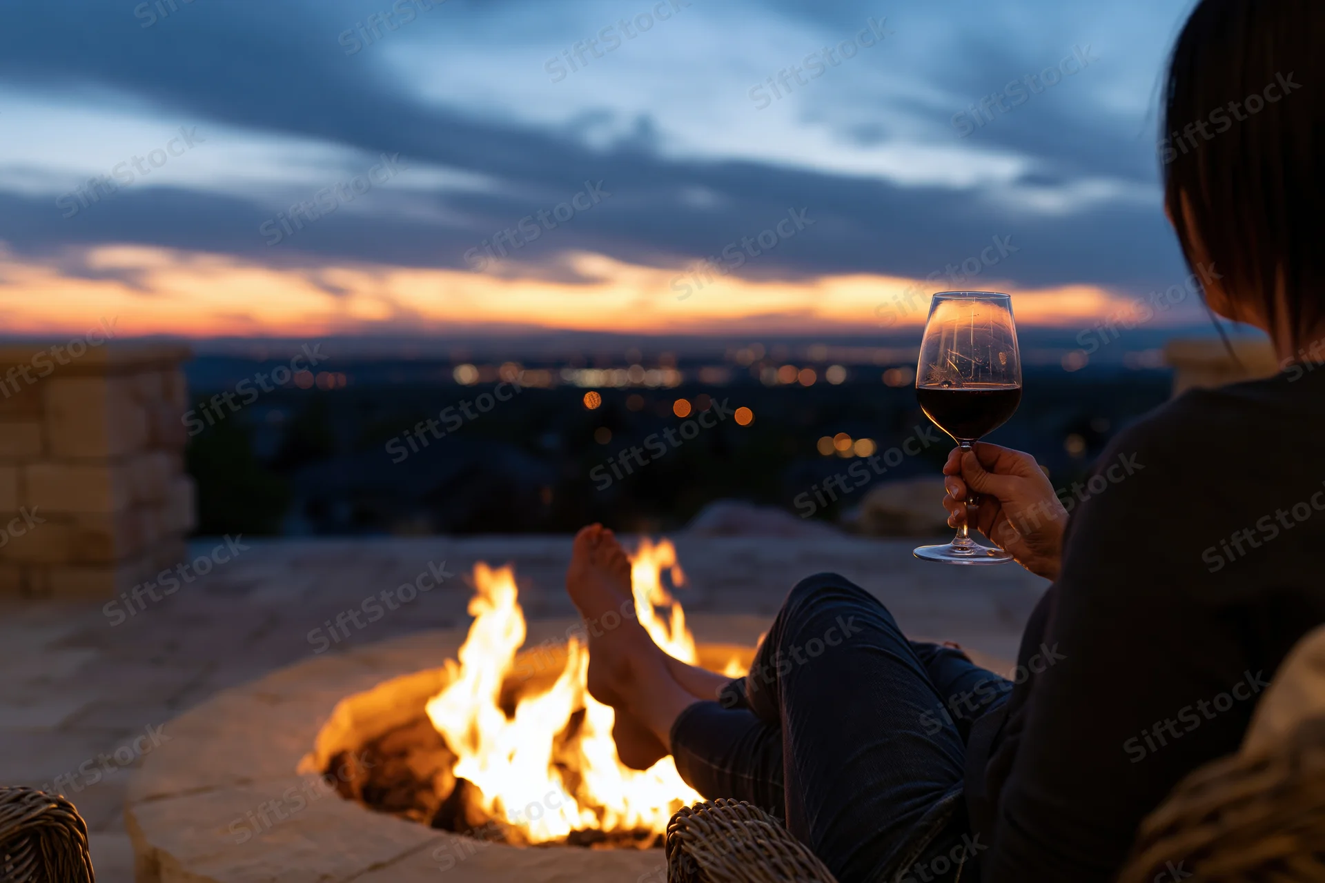 Woman holding glass of red wine by firepit at sunset overlooking city lights