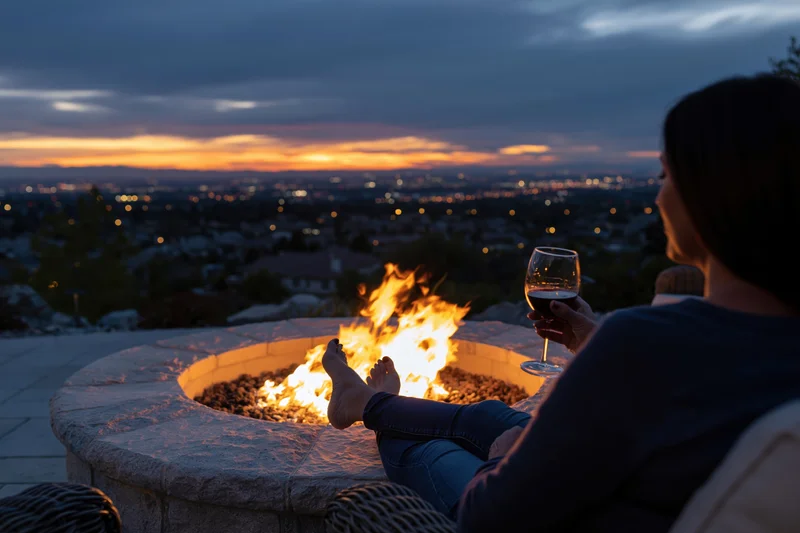 Woman holding glass of red wine by firepit overlooking city at sunset