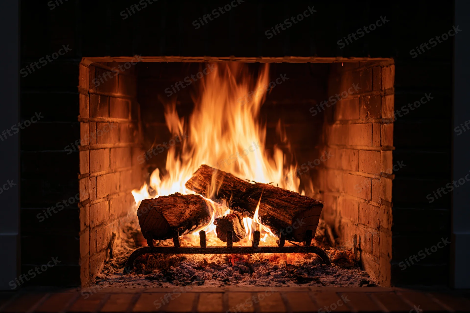 Burning wood logs in a brick fireplace at night