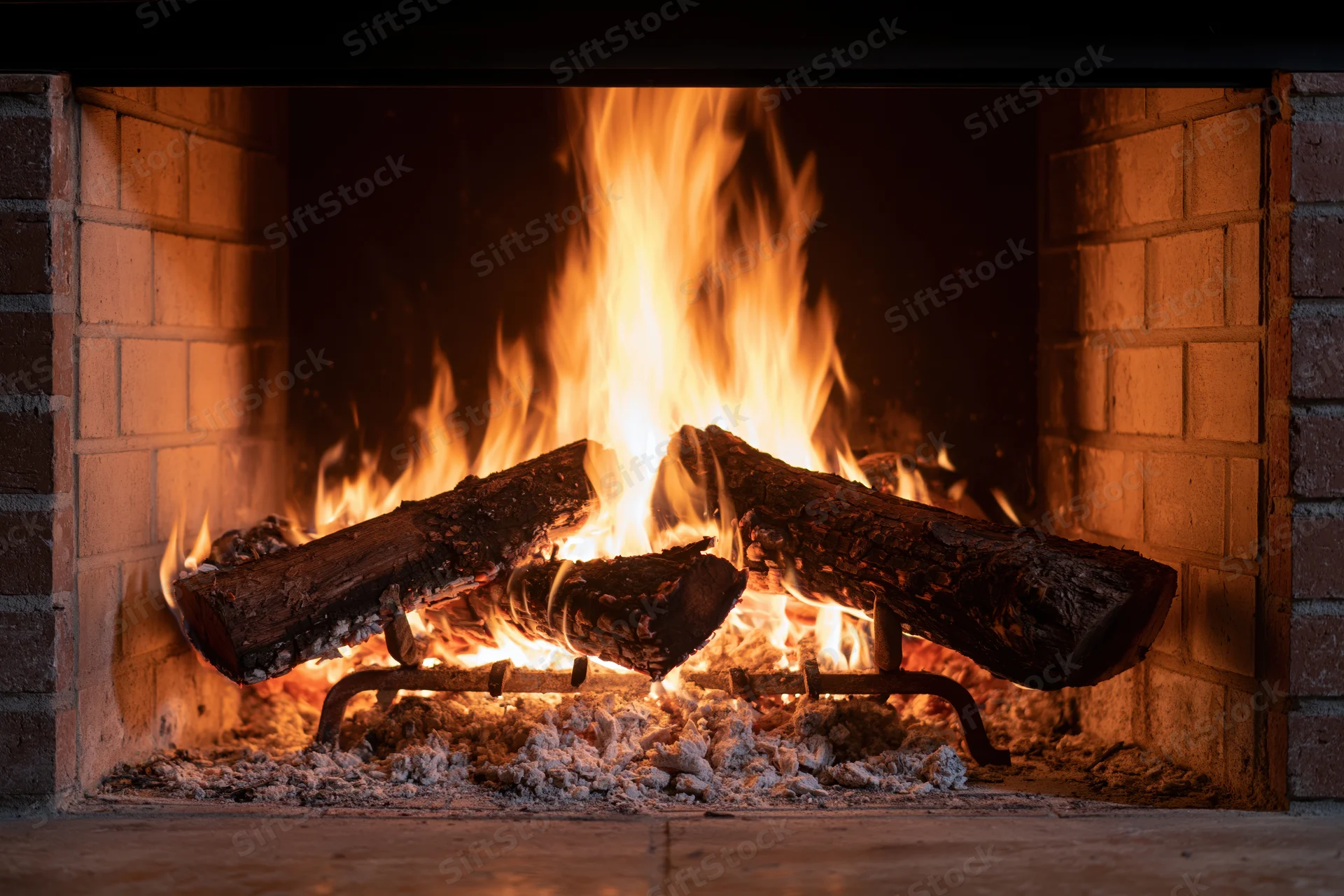 Burning wood logs in a brick fireplace at night
