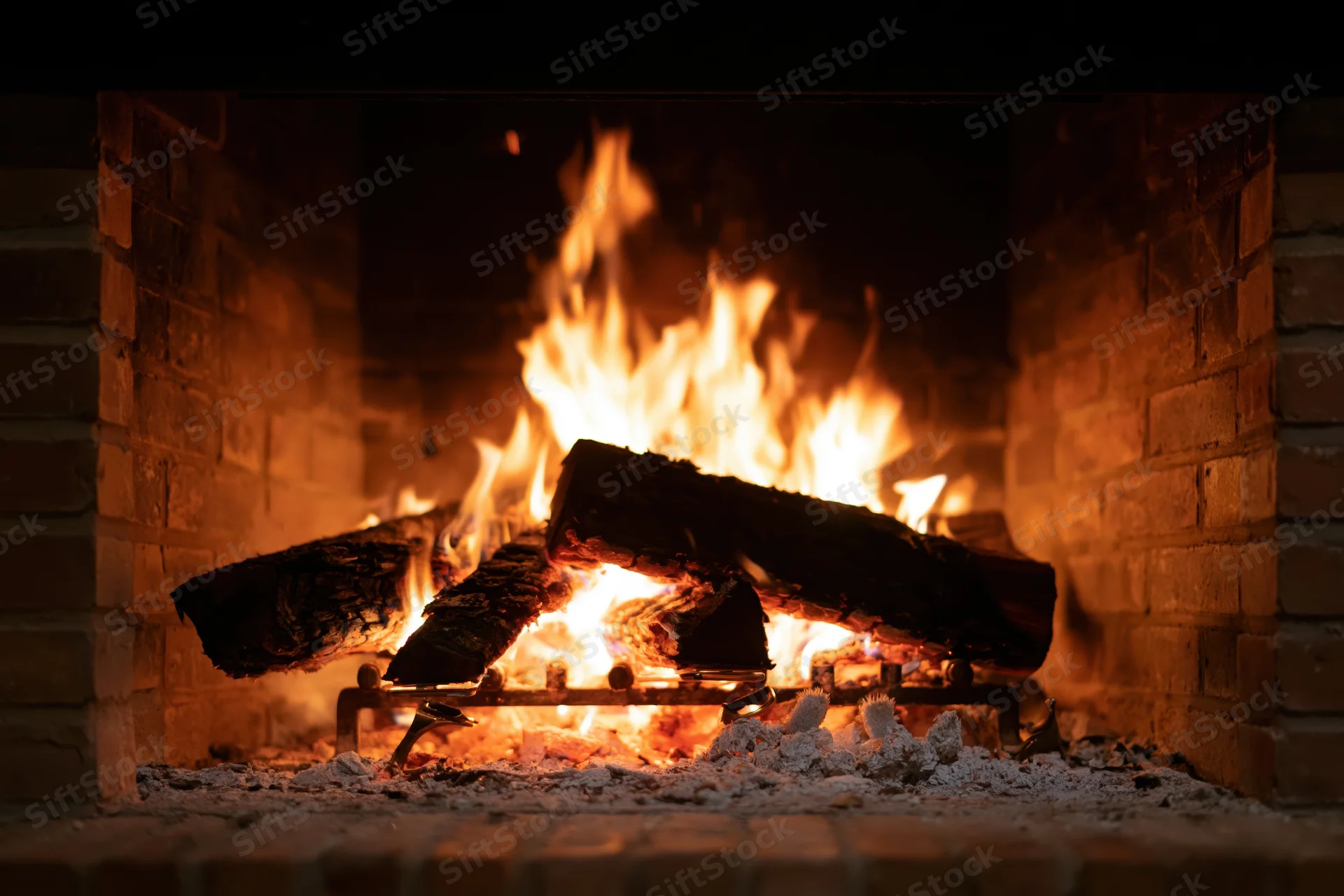 Burning wood logs in a brick fireplace at night