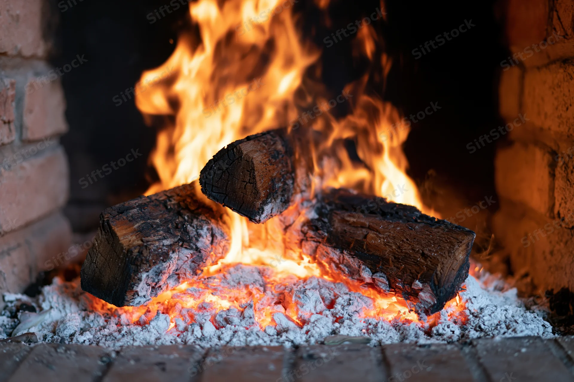 Burning wood logs in a brick fireplace with rising flames and glowing embers