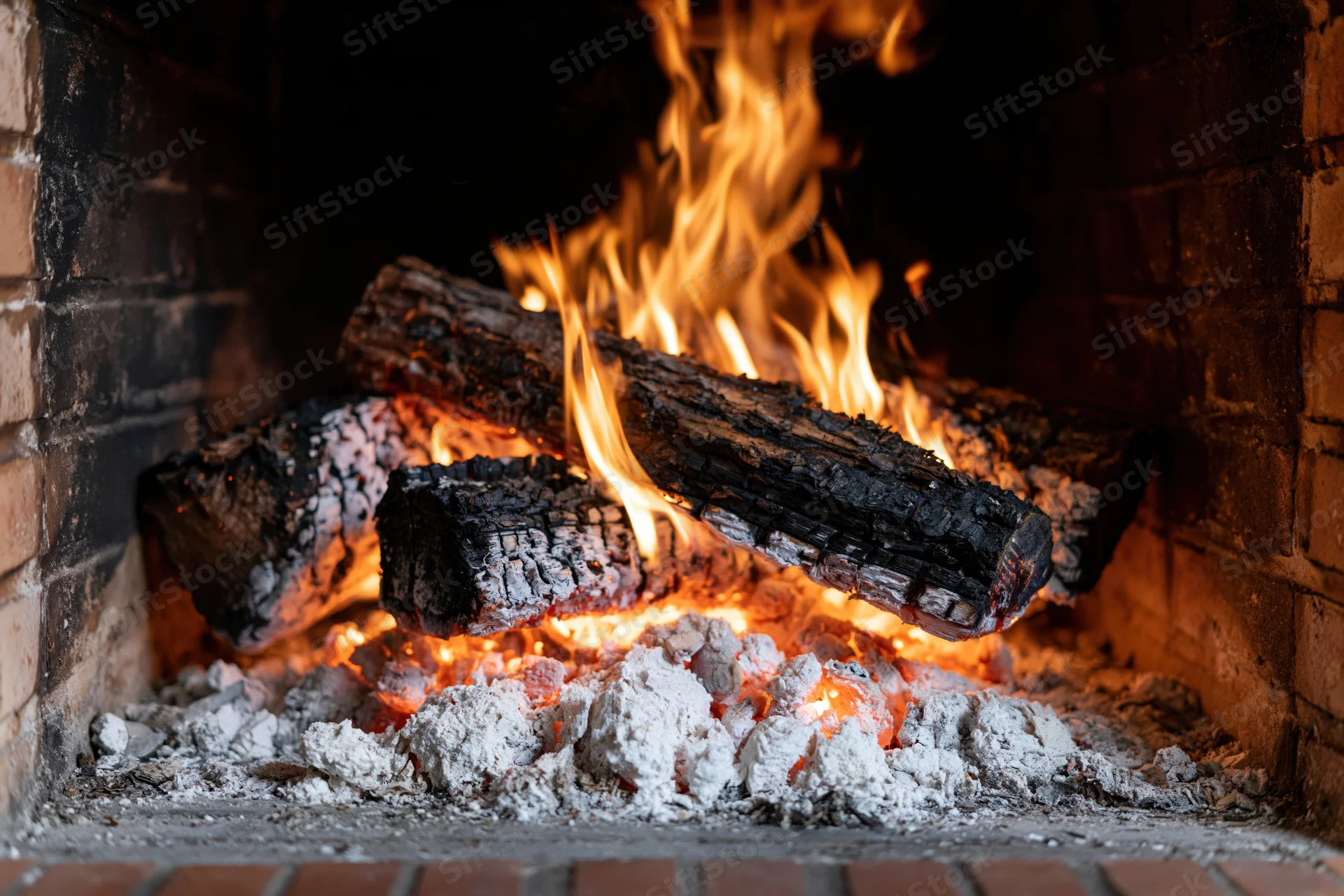 Burning wood logs in a brick fireplace with flames rising over ash and embers
