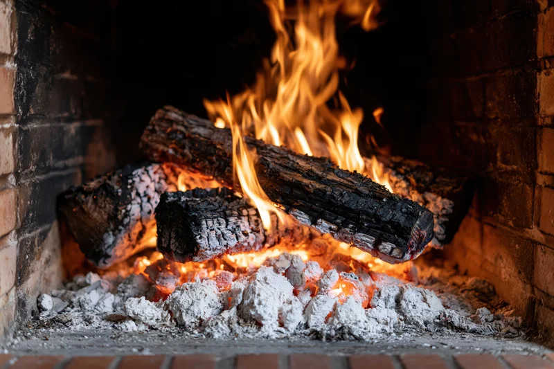 Burning wood logs in a brick fireplace with flames rising over ash and embers