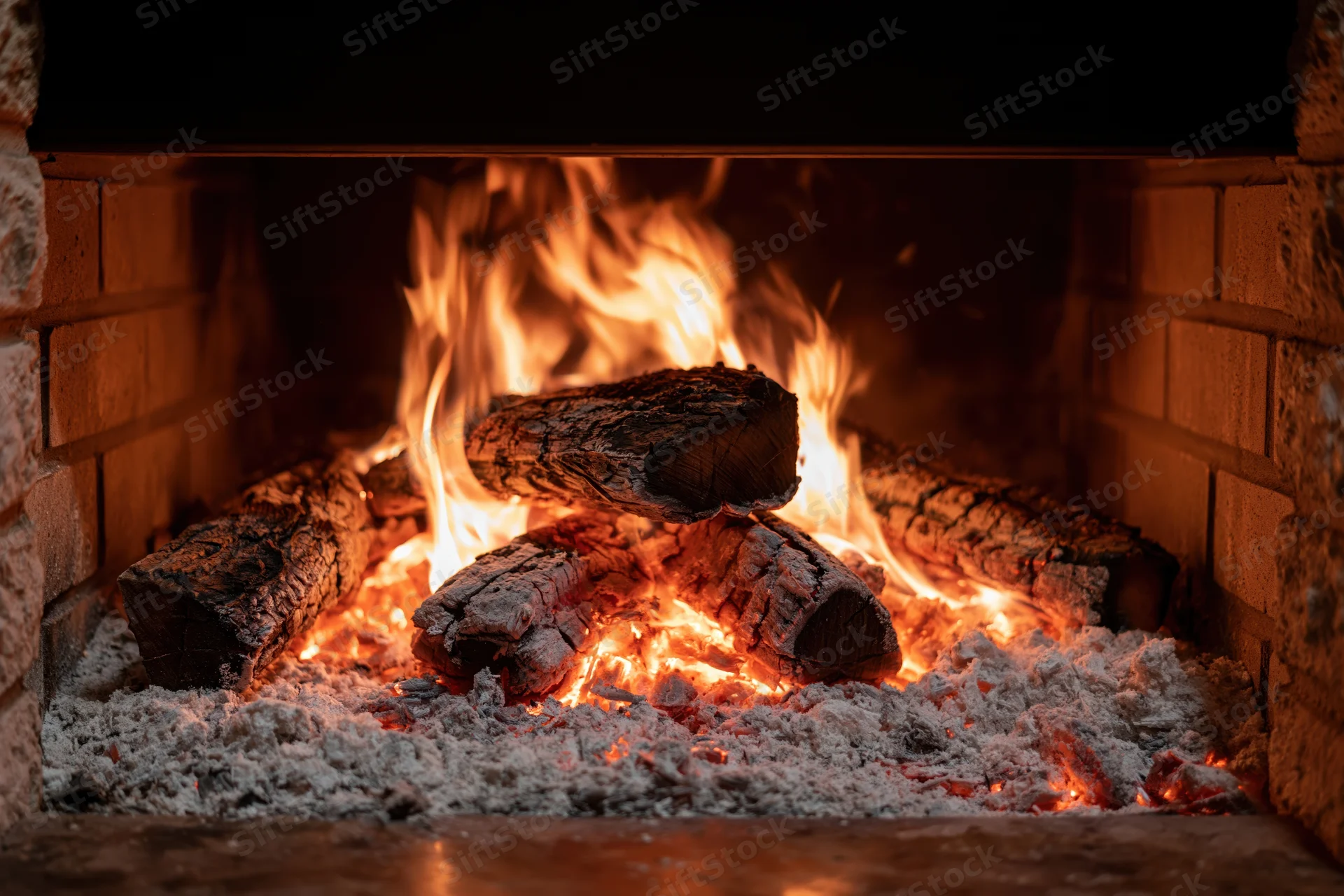 Burning wood logs in a brick fireplace with flames rising over glowing embers