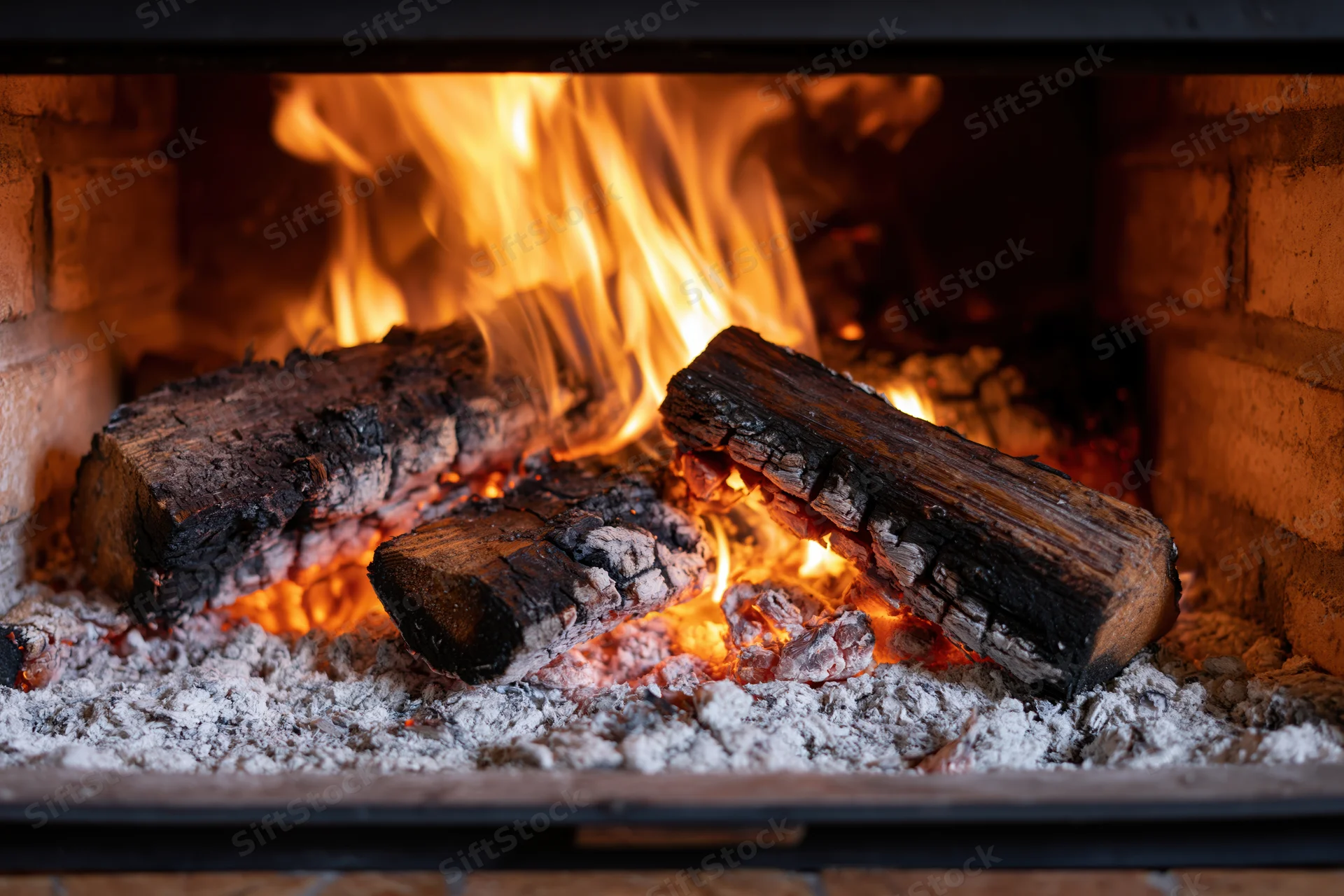 Burning wood logs in a brick fireplace with flames rising over embers and ash
