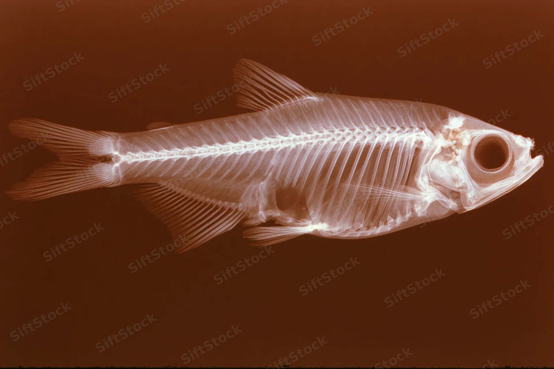 X-ray radiograph of a small fish showing its skeleton in lateral profile against a brown background