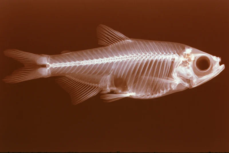 X-ray radiograph of a small fish showing its skeleton in lateral profile against a brown background
