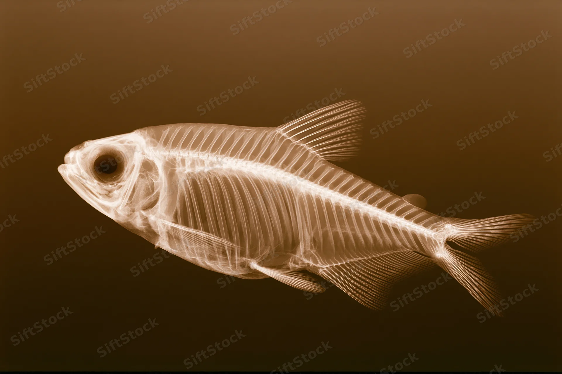 Xray radiograph of a small fish in lateral profile showing its skeleton and internal anatomy
