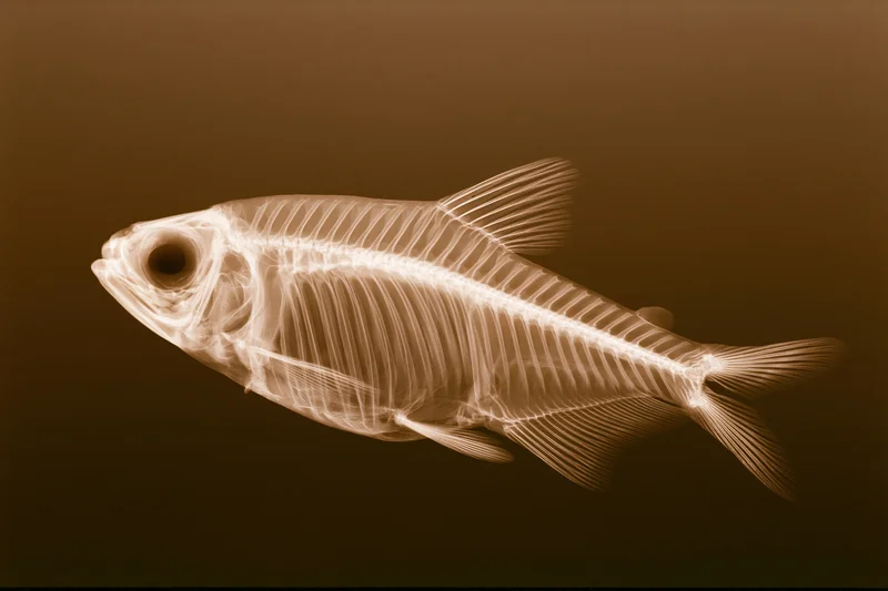 Xray radiograph of a small fish in lateral profile showing its skeleton and internal anatomy