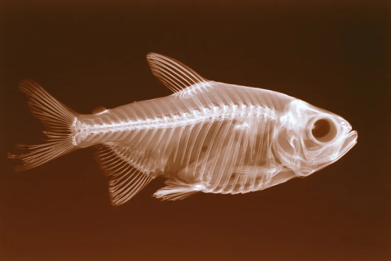 X-ray radiograph of a small fish in lateral profile showing its skeleton and internal anatomy against a dark background