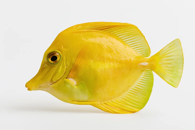 Yellow tang fish in profile view isolated on white background